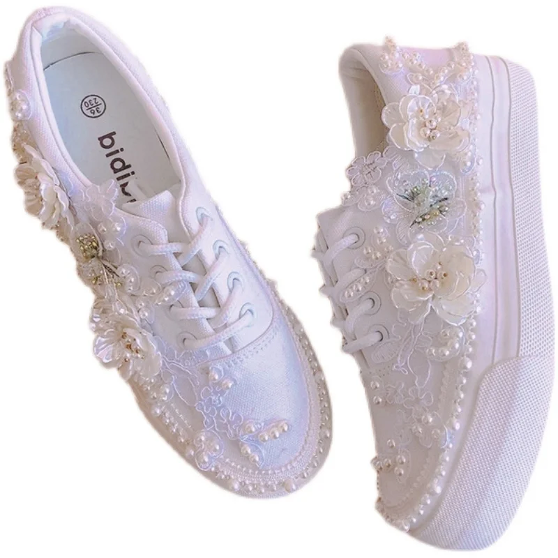 Fairy White Pearls Foral Canvas Shoes Bride Wedding Flats Rhinestones Platform Sneakers Spring Sweet Ladies Casual Tennis Shoes