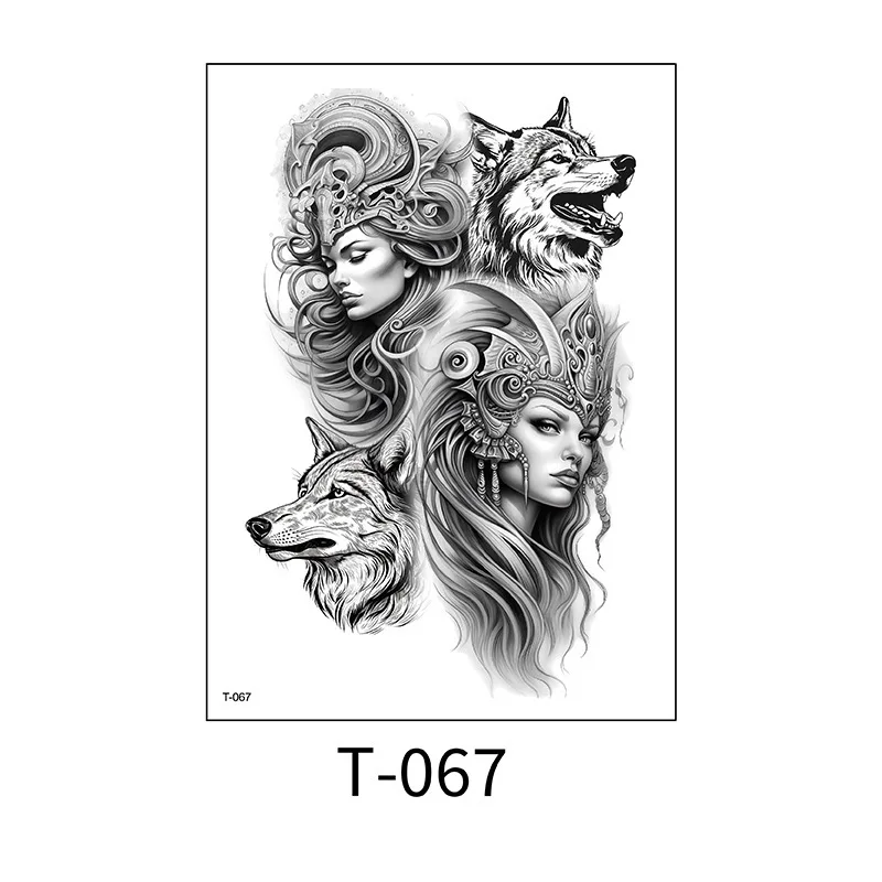 6 個動物フラワーアームアーム黒と白のオオカミヘッドタトゥーステッカースケッチタトゥーステッカー