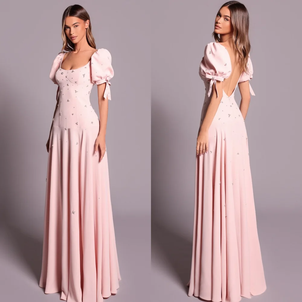 Customized Matching Intricate Jersey Rhinestone Pleat Bow A-line Square Neck Long Dresses Bespoke Occasion Dresses High Quality