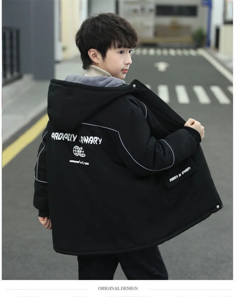 -30℃ Boys Plus Velvet Outerwear Kids Winter Thicken Warm Overcoat Children Casual Print Jacket 2023 New Teenager Clothing