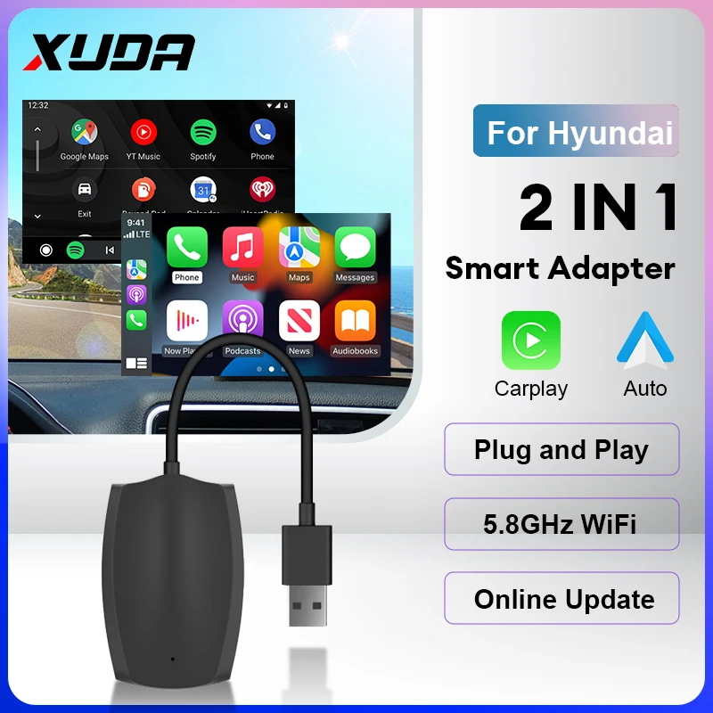 XUDA 2024 NEW Mini Smart Wireless Android Auto Adapter Carplay Wireless For Hyundai SANTA FE TUCSON ELANTRA IONIQ 5 6 KONA