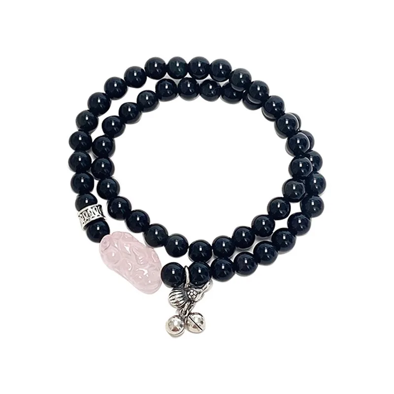 

Natural Rose Quartz Pixiu Bracelet Obsidian Double Layer Bell Beaded Bracelet for Women Gifts