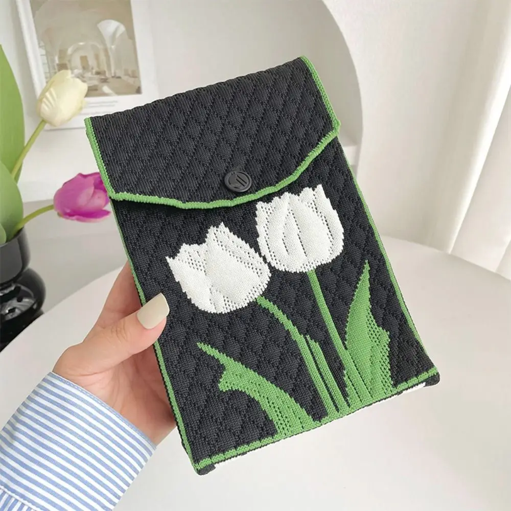 Mini Gebreide Handtas Handgemaakte Tulp Patroon Hoge Capaciteit Knoop Pols Tas Gebreide Telefoon Tas Vrouwen