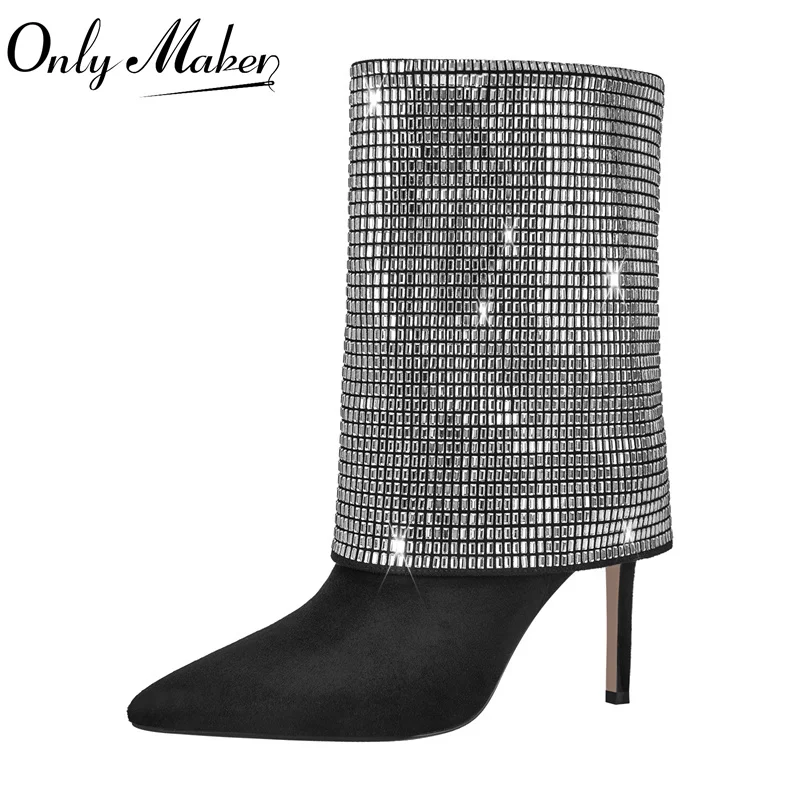 

Onlymaker Women Rhinestone Fold Over Mid-Calf Trouser Tube Slip-On Boots Classic Pointed Toe Chunky High Heels Boots