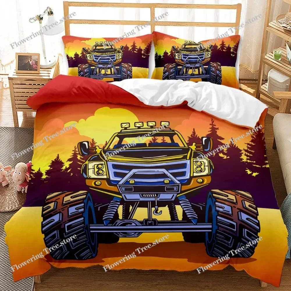 

Cars Duvet Cover Set,Cartoon Monster Truck Cool Vehicle Modified To The Perfection Colorful Design,King Polyester Bedding Set