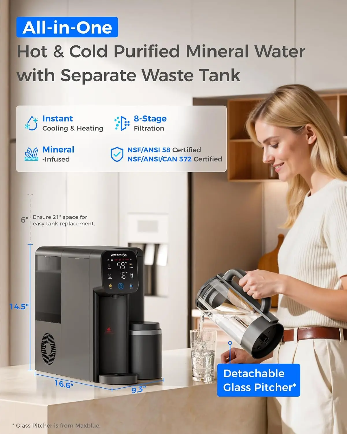 Waterdrop M6CG Hot & Cold Reverse Osmosis System Countertop, Mineral Added Glass Pitcher, NSF/ANSI 58 Certified, 8-Stage RO Filtration, 3:1 Pure to Drain, Hot & Cold & Room-Temp Water