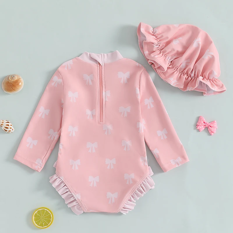 Maiô de proteção contra queimaduras para bebês de 3 meses a 3 anos, manga longa, estampa de laço, babados, monokini, roupa de banho infantil com chapéu de sol