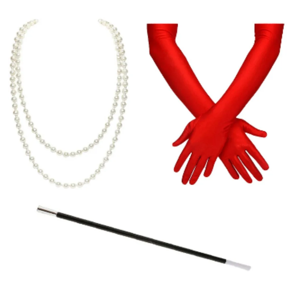 

80's 3 Piece Set 55 cm Long Red Gloves Fake Cigarette Stem Pearl Necklace