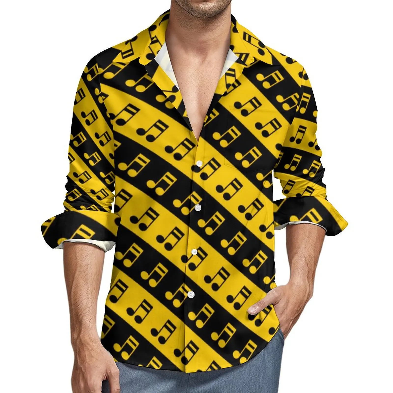 

Рубашка мужская в полоску, Повседневная Блузка оверсайз с длинным рукавом, в уличном стиле, в стиле музыкальных заметок, крутая, черная, желтая, на весну