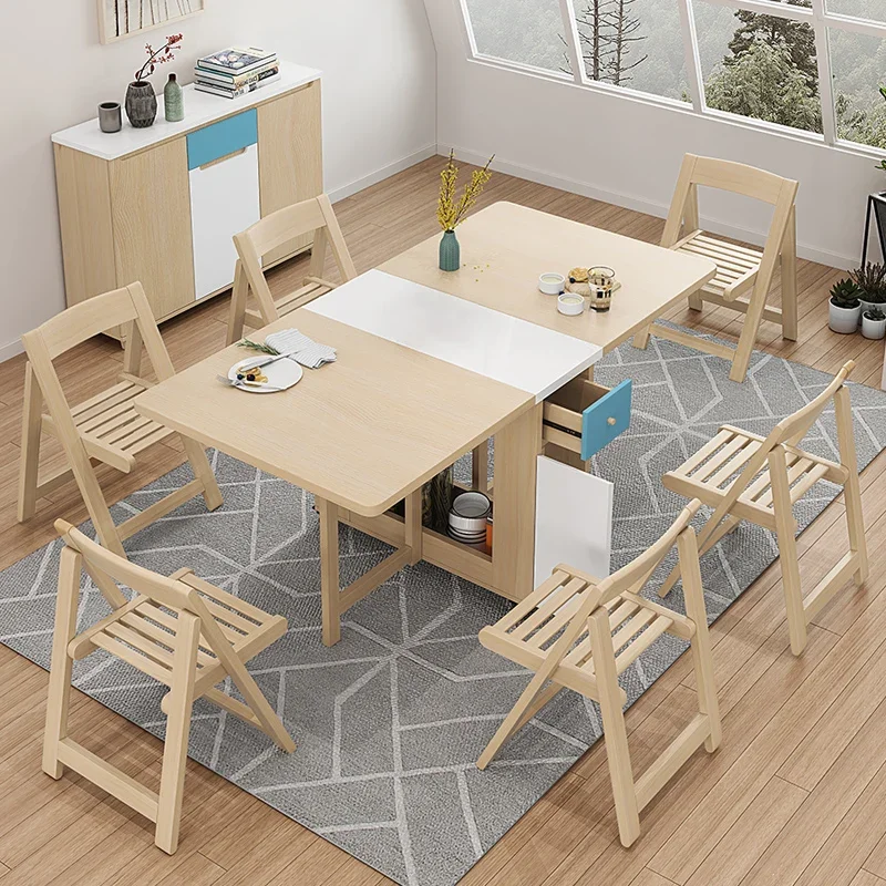 Folding dining table and chair combination Nordic dining table household small apartment modern simple solid wood multifunctiona