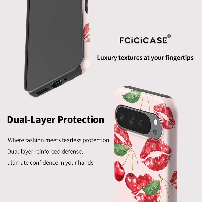 Fcicicase Anti-knock Phone Case For Google Pixel 9 8 10 Pro 7A 8A 10A 10 9 Pro XL Red Kiss Lips Cherry Pattern Shockproof Cover view 5