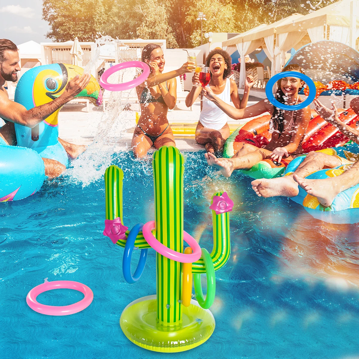 65cm Inflatable Cactus Ring Toss Game Set Floating Swimming Pool Toys Hawaiian Summer Pool Beach Party Decorations Game Supplies