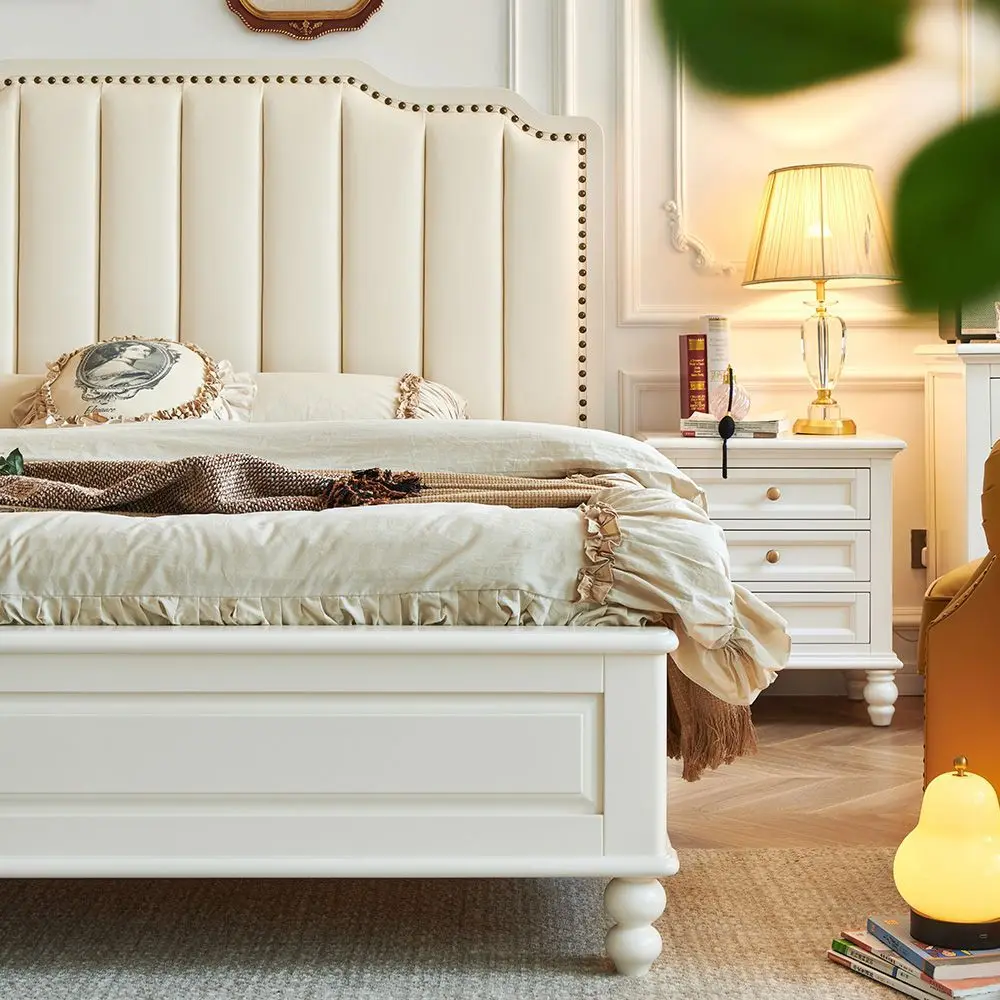 Cream wind, white, American light luxury, solid wood leather soft bed, master bedroom 1.8 meters double bed