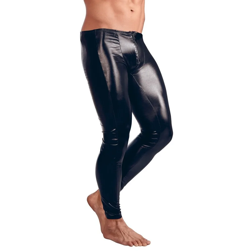 Spring Autumn New Skin Tight Muscle Men's Gladiator Solid Black PU Low Waist Elastic Leather Club Dance Wear Pants New