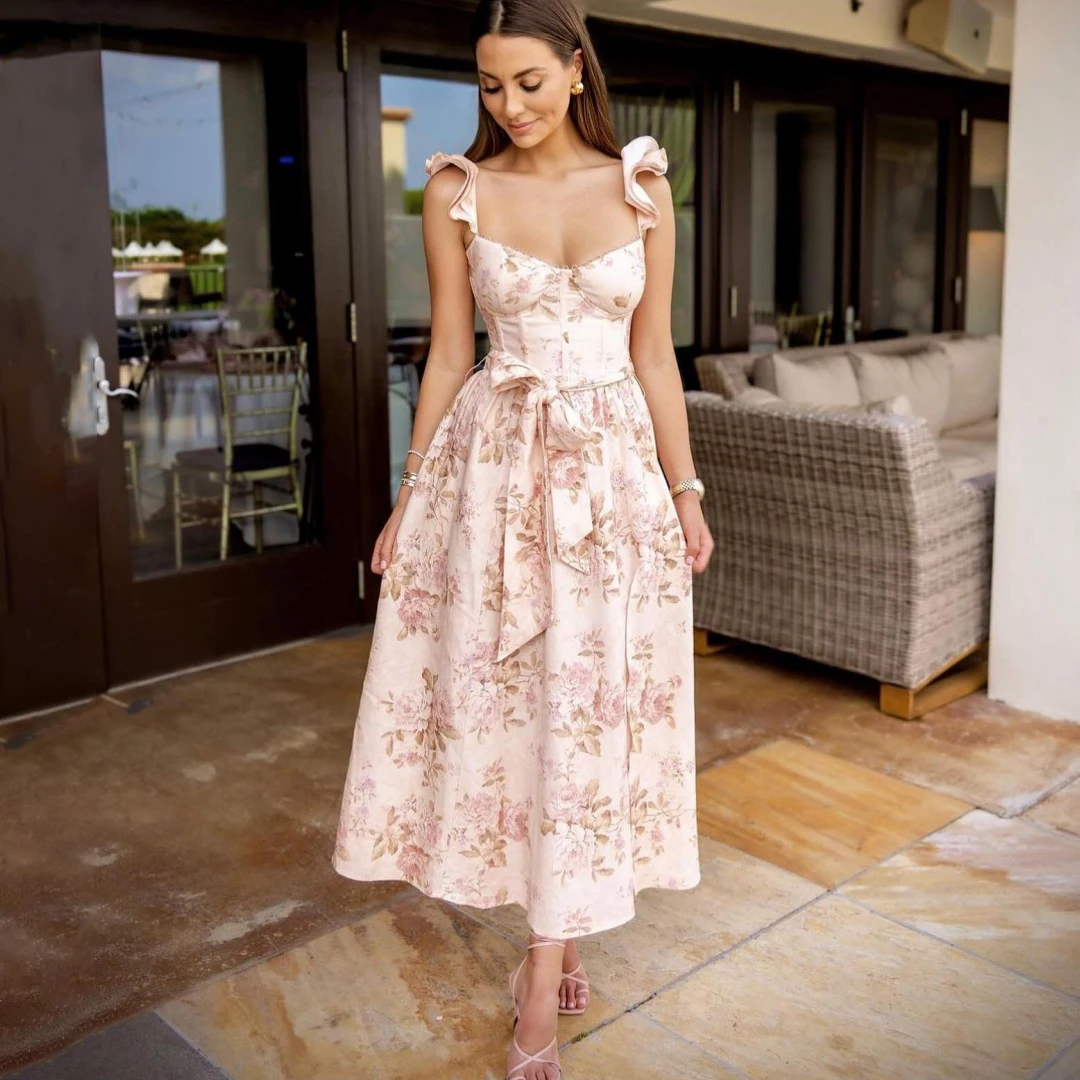 

Chic Floral Spaghetti Straps Evening Dresses Sweetheart Printed Bow Belt A-line Formal Events Gowns Slit Tea-Length Prom Dress