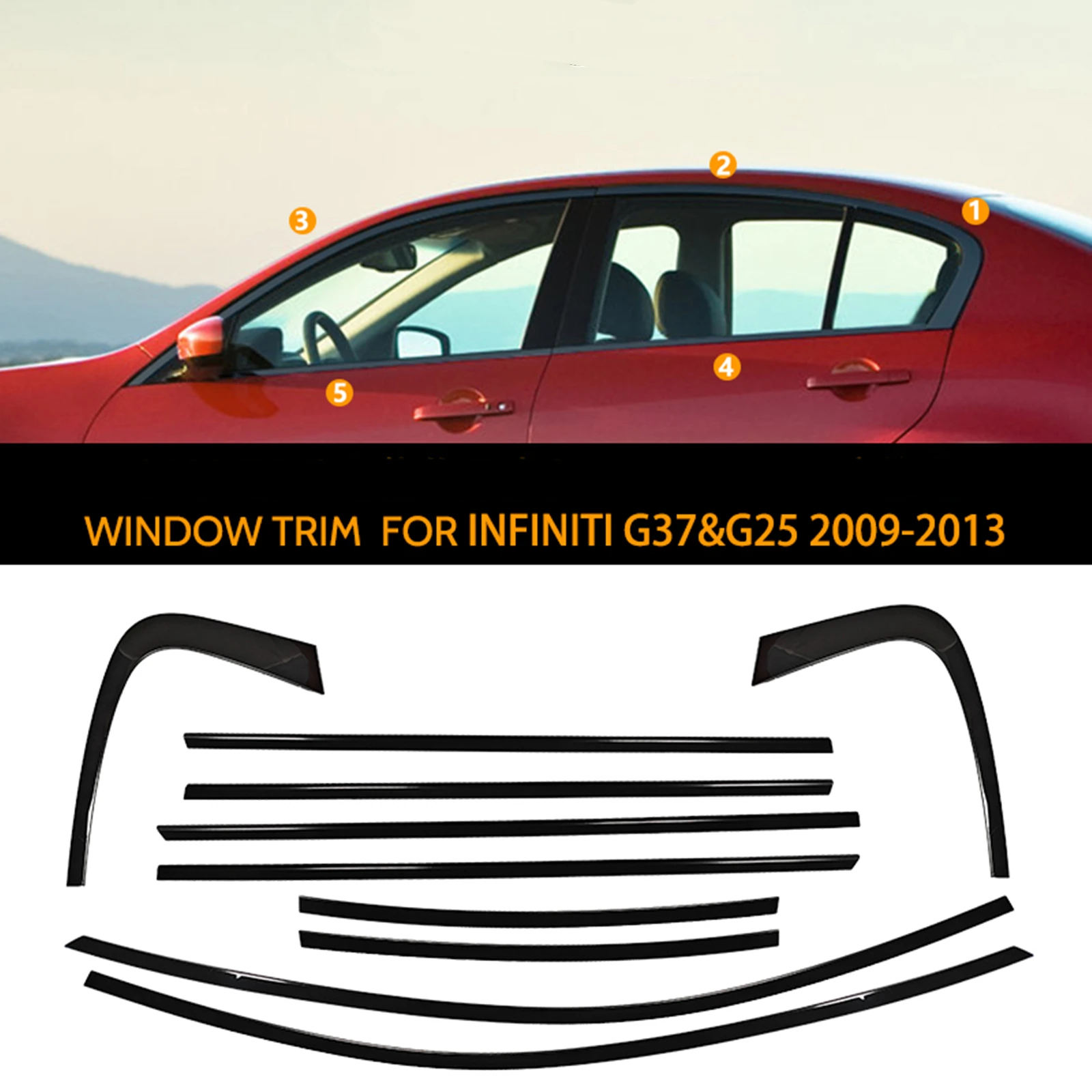 

10X Exterior Window Trim For Infiniti G Series G37 G25 2009-2013 4 Door Chrome Black Weatherstrip Decorative Moulding Seal Strip