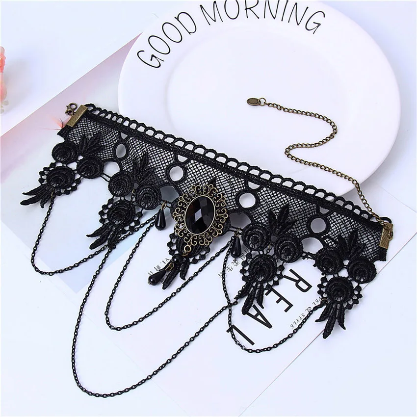 Elegance Pure Beads Tassel Fashion Velvet Flower Crown Choker for Women Vintage Sexy Lace Necklace Girl Neck Jewelry Accessories