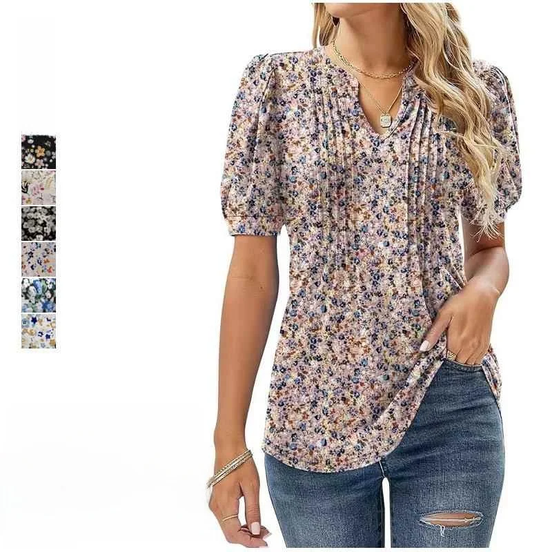 

Женская плиссированная футболка с v-образным вырезом и принтом ort Sve, свободный крой, полиэстер, спандекс, повседневный удобный топ с цветочным принтом