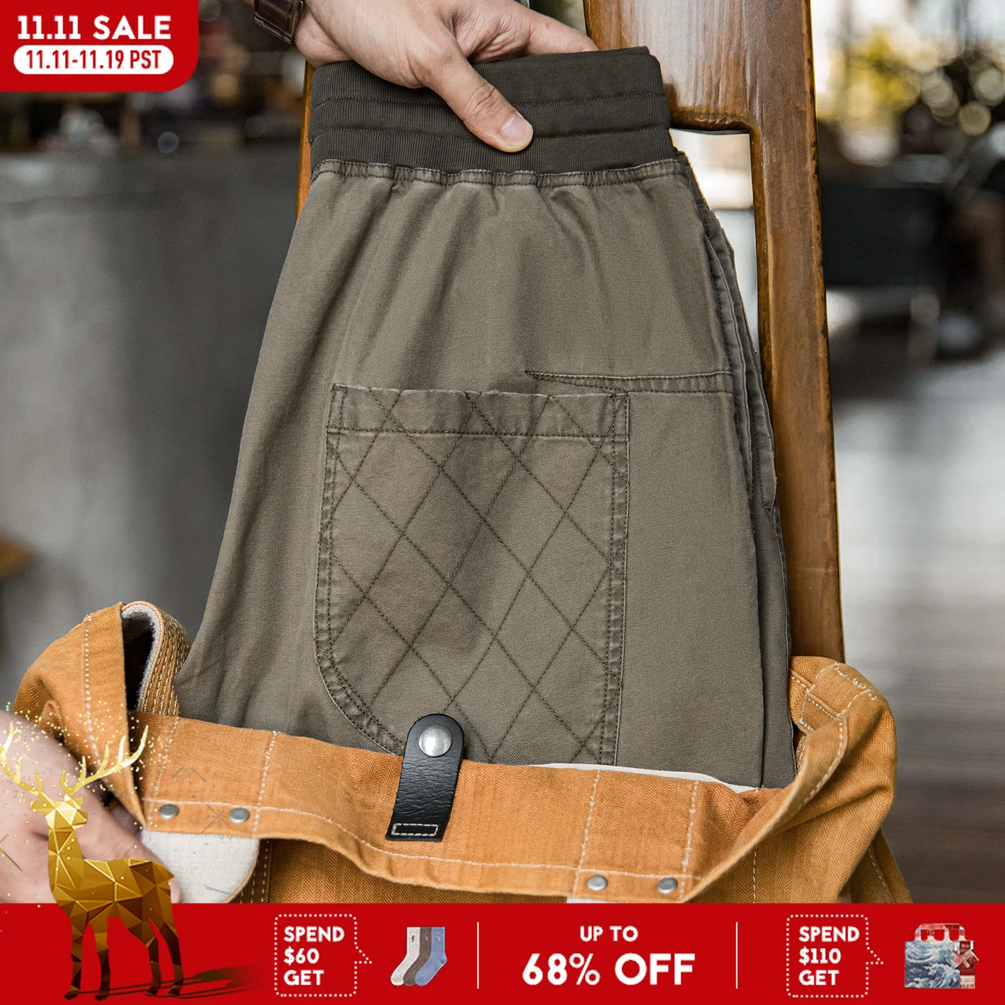 

Maden Men's Vintage Cotton Aged Trousers Drawstring Elastic Waist Casual Pants Loose Fit Cuffed with Plaid Pocket Spring Fall