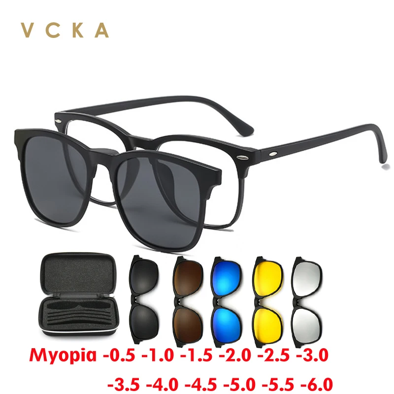 

VCKA Retro 6 in 1 Polarized Myopia Men Sunglasses 2024 Magnet Clip Eyeglasses Women Custom Prescription Glasses -0.5 TO -6.0