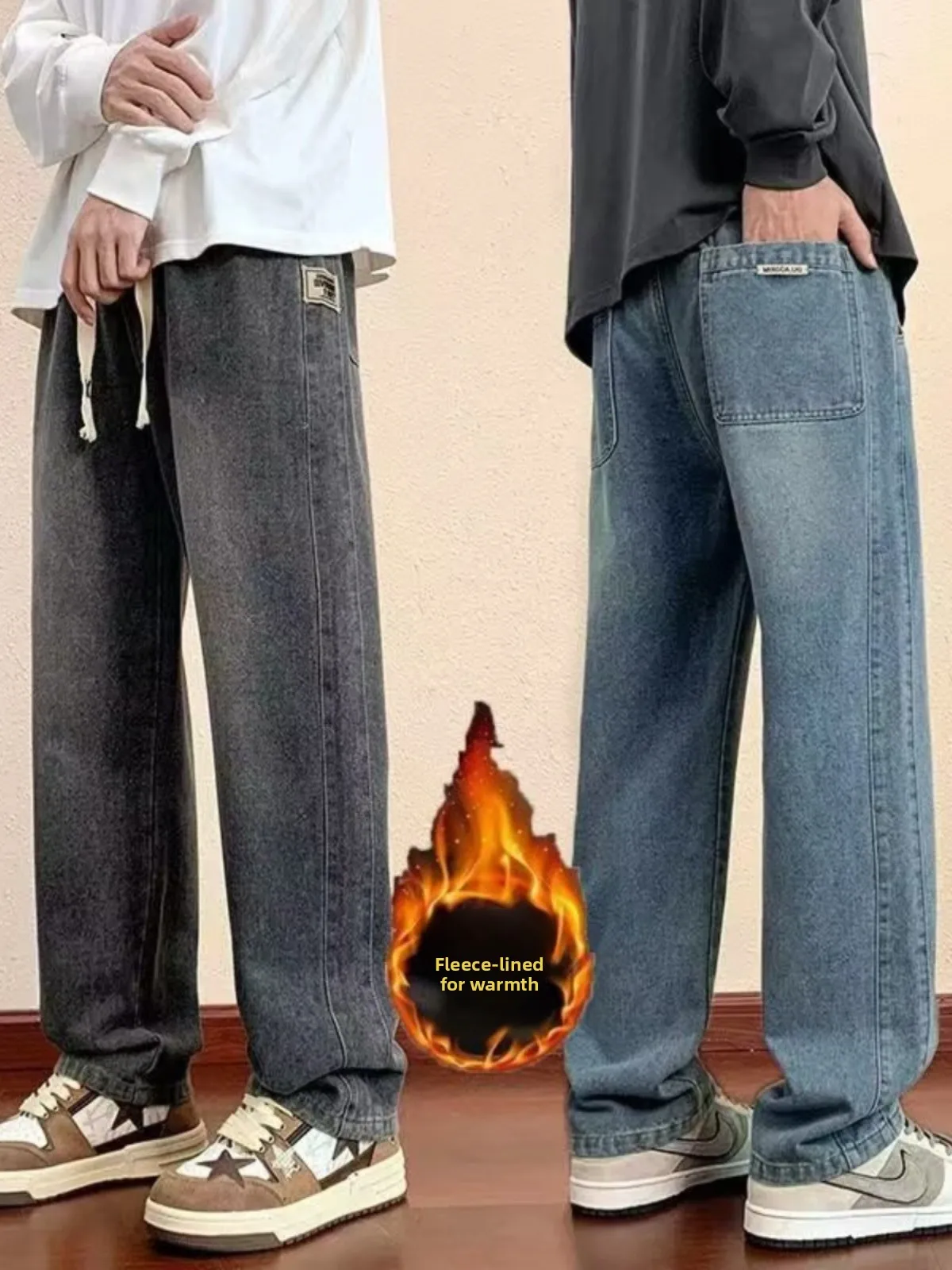 

Men's Fce Lined Casual Loose Fit Straight Leg Jeans Autumn Winter American Sle Large Size Comfortable Long Pants