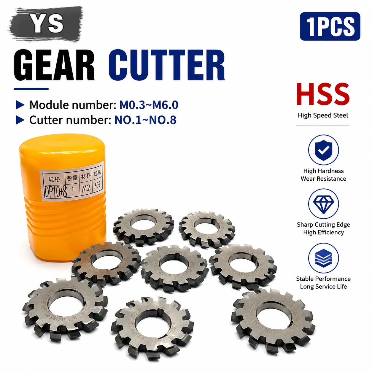

1PCS of PA20° High-speed Steel Gear Cutter with Module Sizes M0.3 M0.5 M0.75 M1 M1.25 M1.5 M2 M2.5 M3 M4 M5 and M6 (No. 1–No. 8)