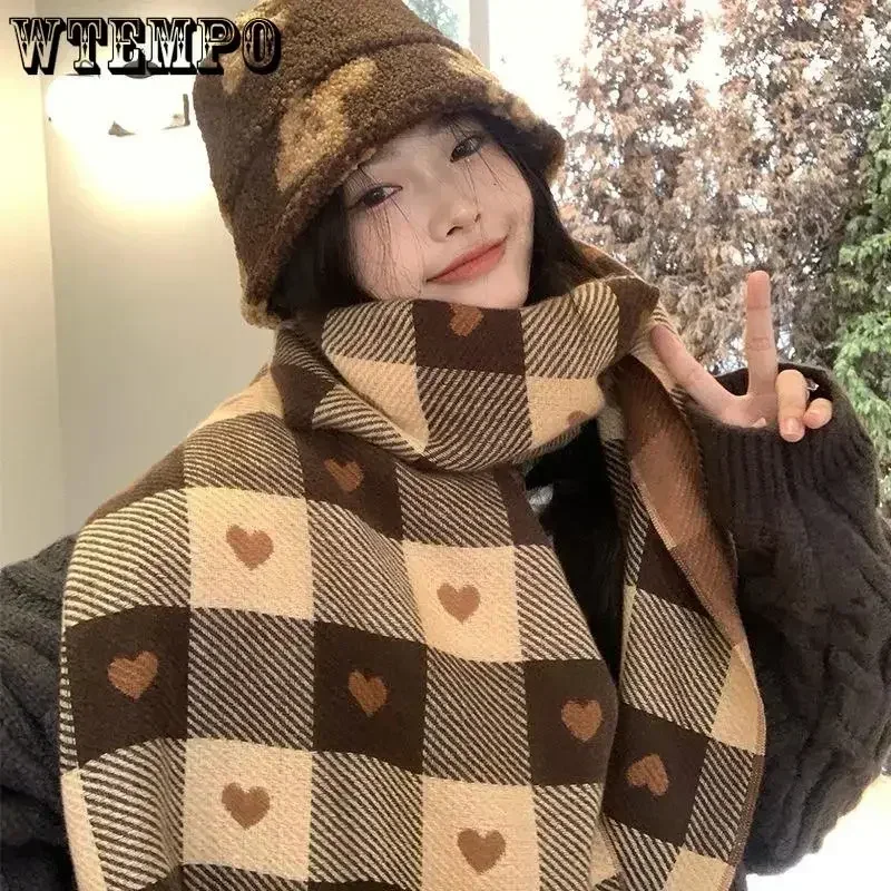 WTEMPO Fall Winter Imitation Cashmere Women's Double-sided Love Plaid Scarf Korean Tassel Warm Large Shawl Versatile Thick Wrap