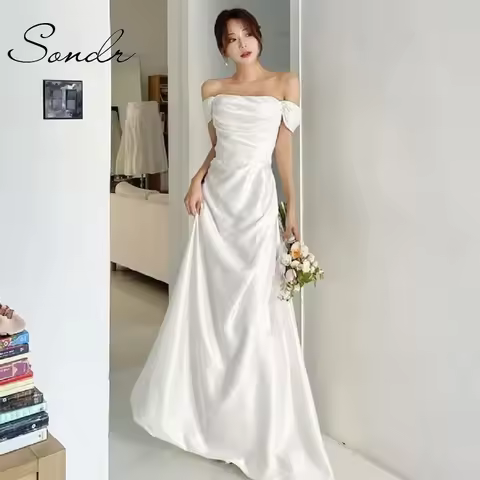 Sondr Korean Evening Party Dresses Customized Off the Shoulder Satin Wedding Snap Dress Elegant Sleeveless Corset Prom Dress