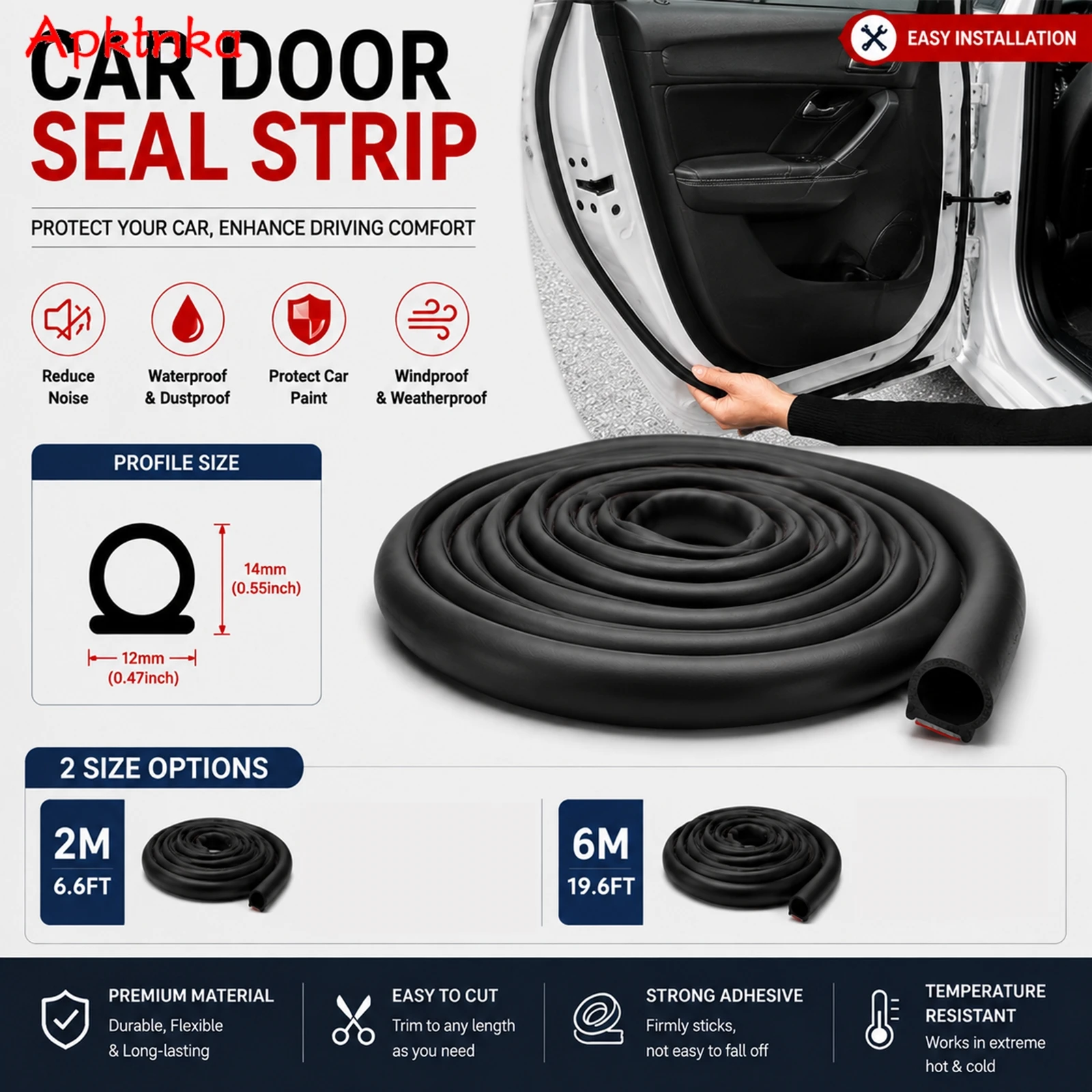 12mmX14mm Auto Rubber Weatherstrip Car Door Seal Strip Windproof Soundproof Waterproof Dustproof Adhesive Trim for SUV Truck Van