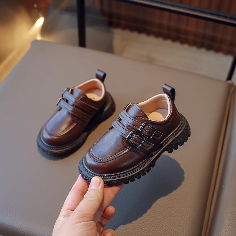 Boys Loafers Britain Style 2023 Children Brown Double Buckle Round-toe Kids Fashion Leather Shoes for Girls Uniform School Shoes