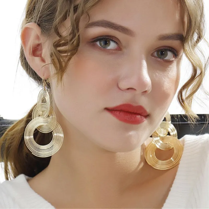 Exaggerated Long Multilayer Circle Drop Earrings For Women Jewelry Gold Silver Color Earings Vintage Big Circle Earrings 2024