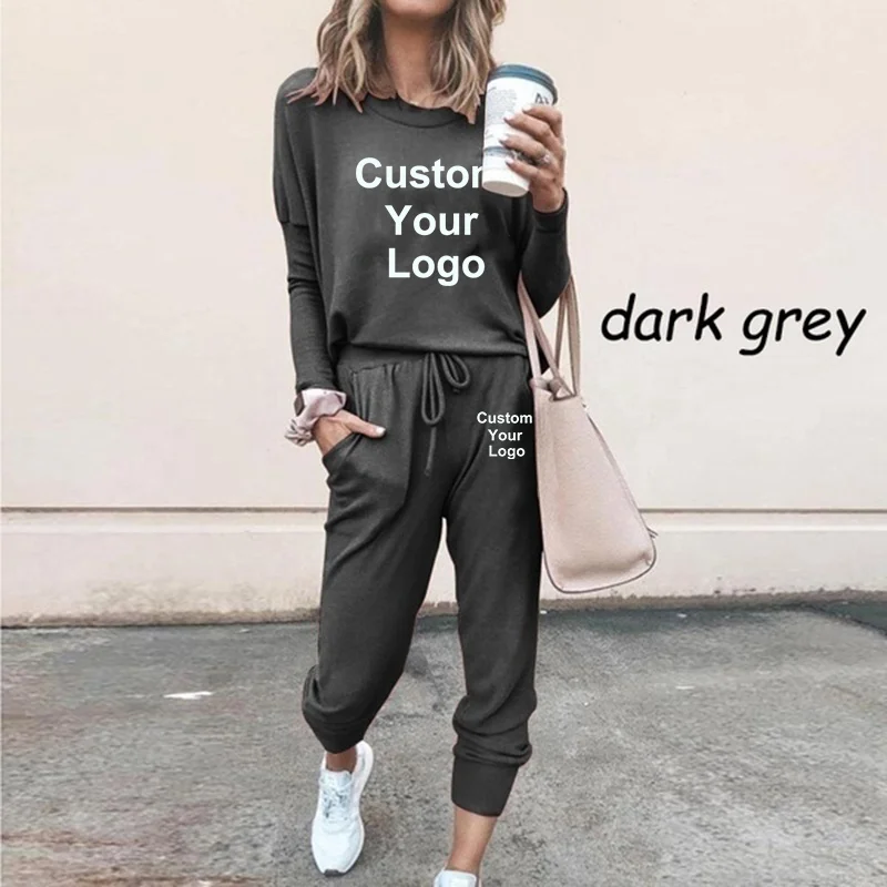 New Spring and Autumn Custom Your Logo Women\'s Suit Fashion Daily Home Wear Woman Round Neck Sweatsuit + Pants 2pcs Sets