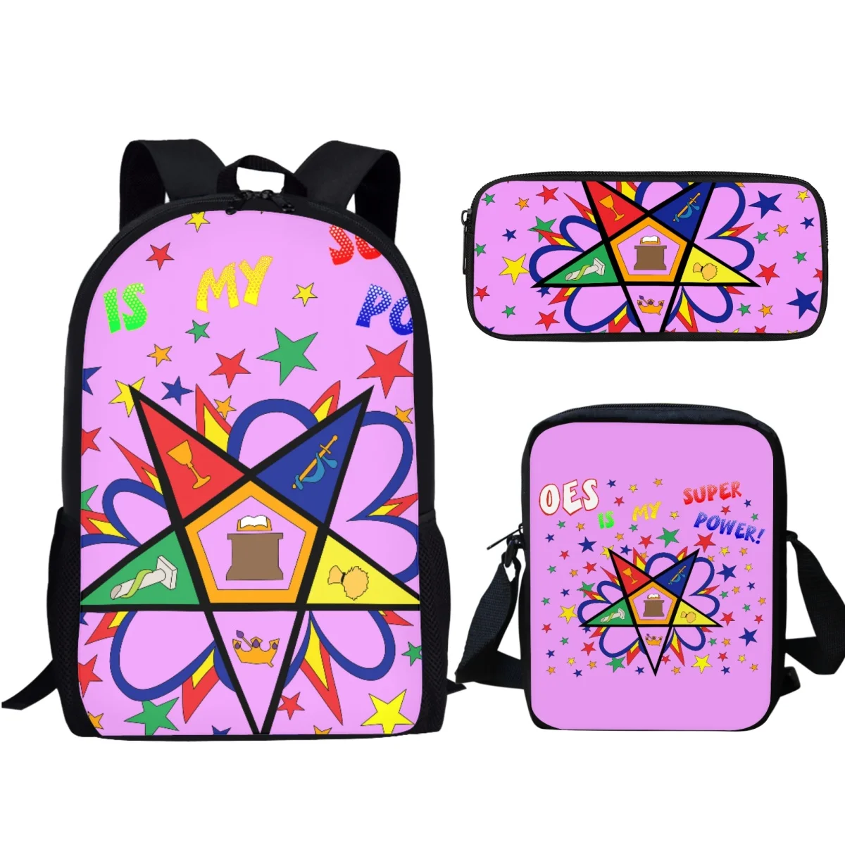 OES Sistars Order of Eastern Design School Bag Set Student Book Bag with Lunch Bag Pencil Bag Teenager Casual Backpack