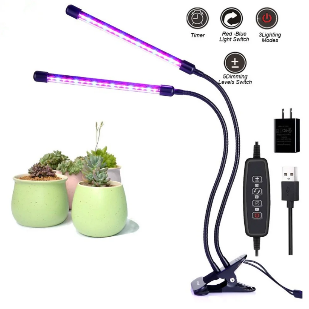 LED Grow Light Black Double Tube Gooseneck Clip Timing Dimming Aluminum Alloy 360 ° Hose 5V/10-20W/USB Powered (without Adapter)