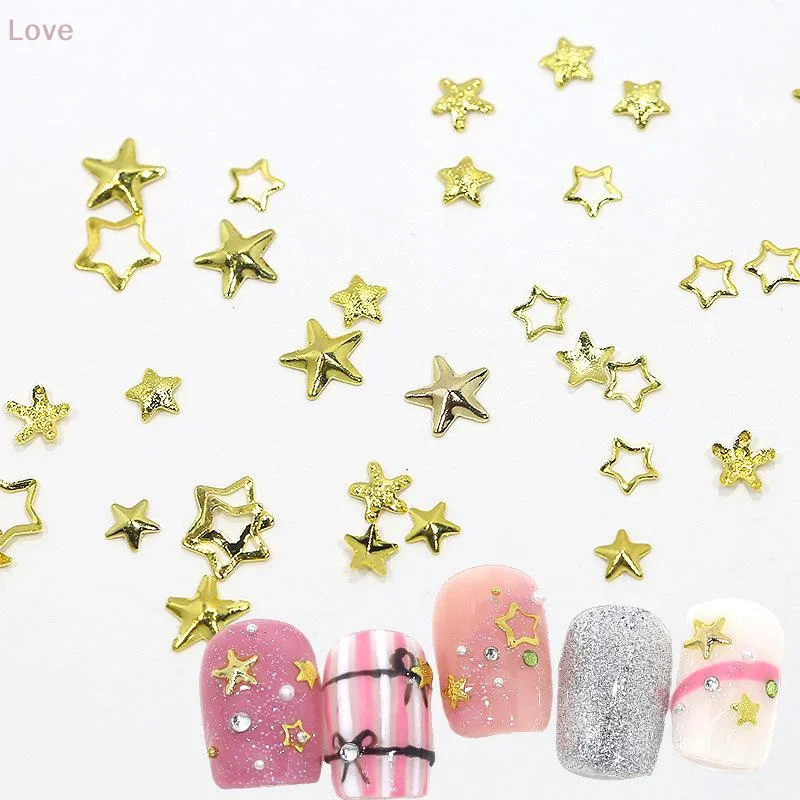 6 Siatek Metalicznych Złotych Srebrnych Ozdób do Paznokci, Cyrkonie w Kształcie Pentagramów, Nitki Dekoracyjne, Zawieszki do Manicure, Płaskie Ozdoby do Paznokci, Akcesoria do Paznokci, Elementy do Paznokci