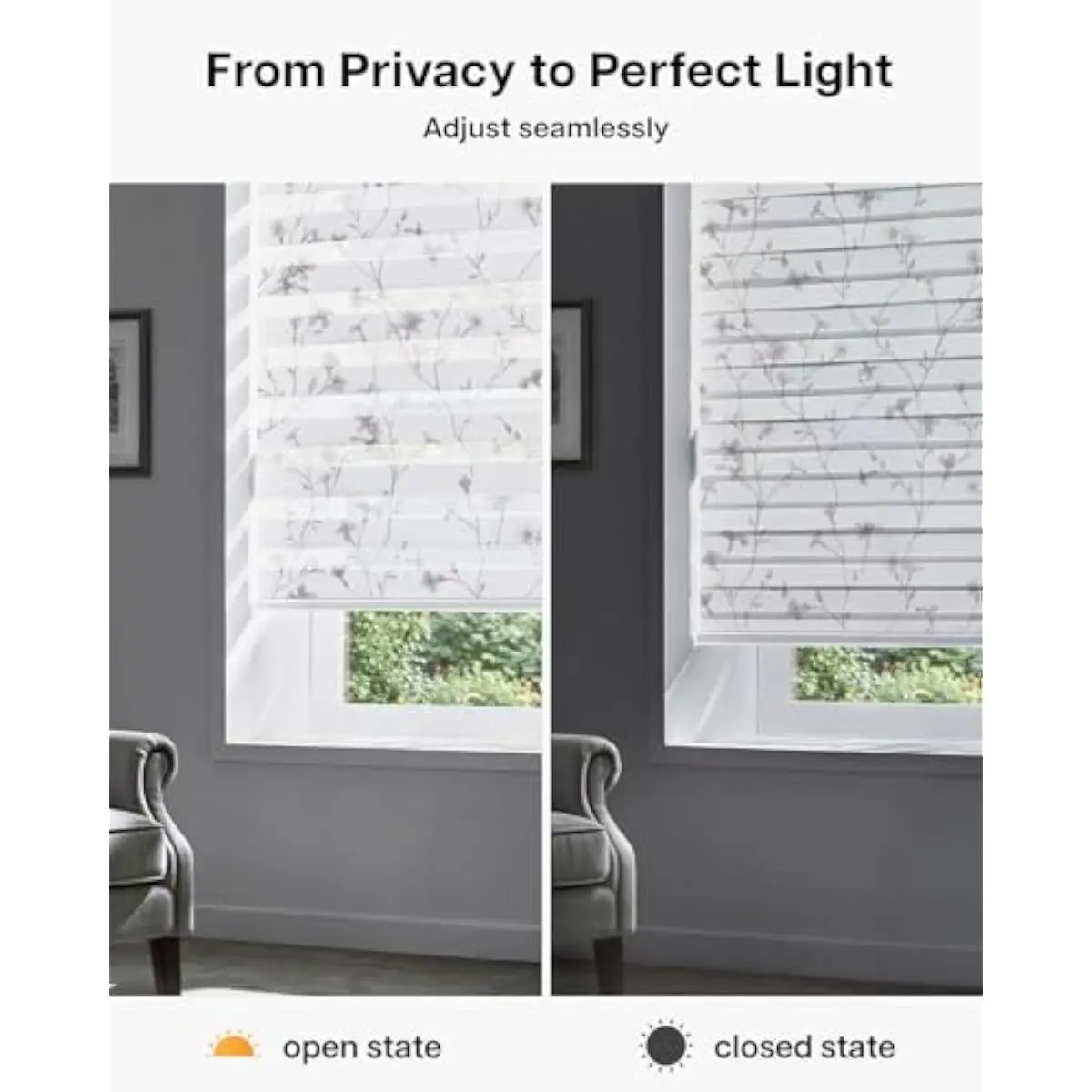 Cordless Grey Bloom Zebra Window Shade | 40 Inch Wide X 72 Inch Tall | Polyester Indoor Blind | Dual-Sided Pattern | Smooth Lift