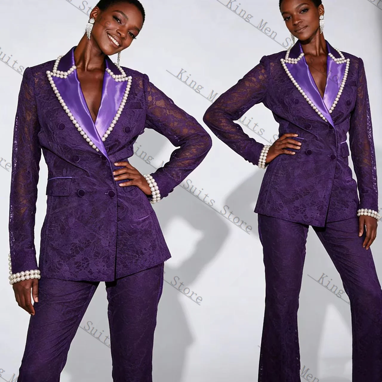 

Purple Lace Pearls Women Suit Set 2 Pcs Blazer+Pants Trouser Customized Formal Guest Wedding Tuxedos Coat Prom Party Jacket