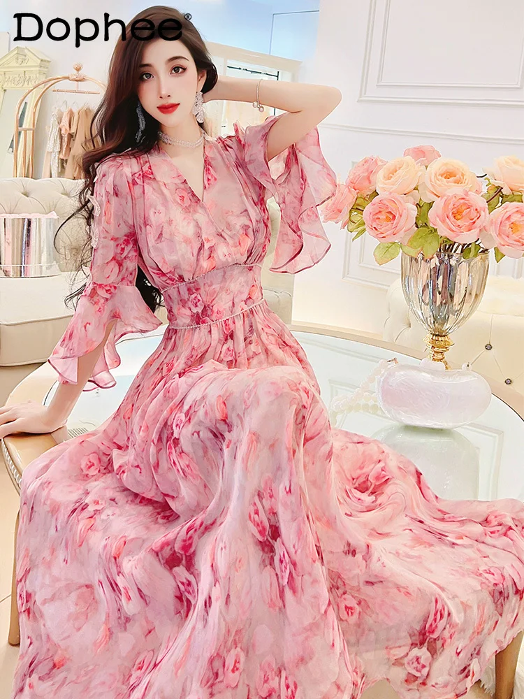 

Sweet Temperament Printed Chiffon Dress Summer 2024 New Heavy Industry Beads Decorative Bell Sleeve Large Swing Dress for Women