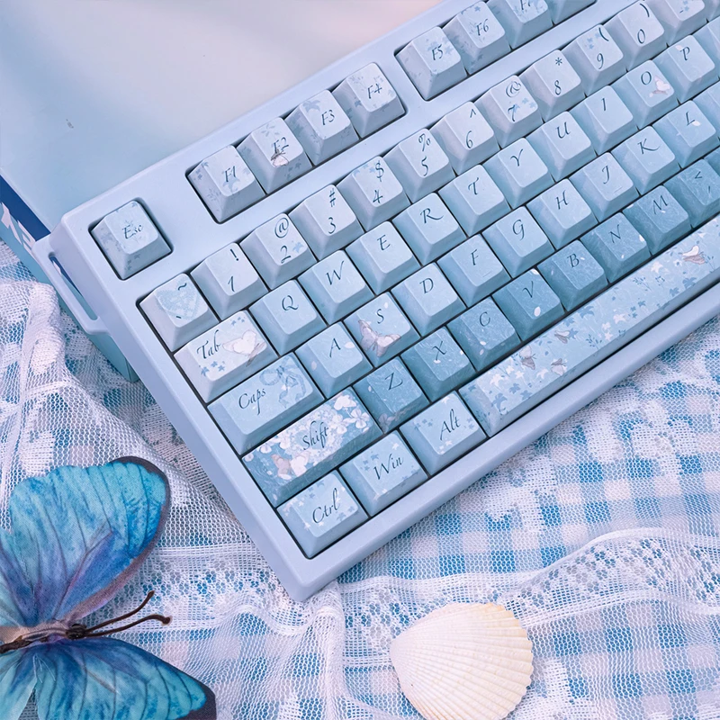 

130 синих кейкапов Blue Butterfly Cherry Profile с пятисторонней сублимационной печатью PBT для механических клавиатур с переключателями MX