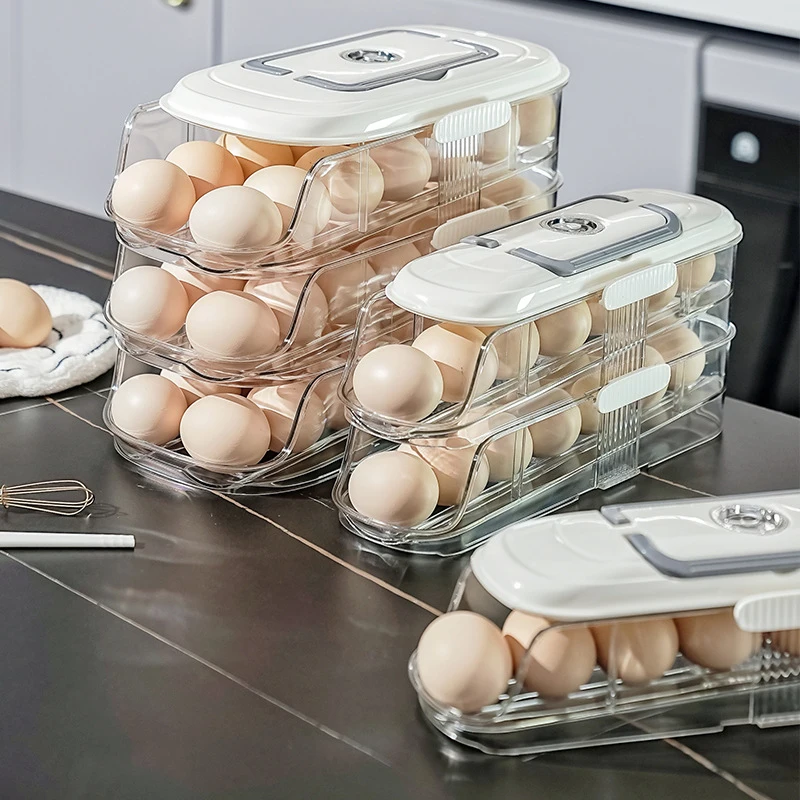 Modern Kitchen Egg Holder Automatic Rolling Storage Box Fridge Egg Tray Multi Layer Organizer Space Saving Container