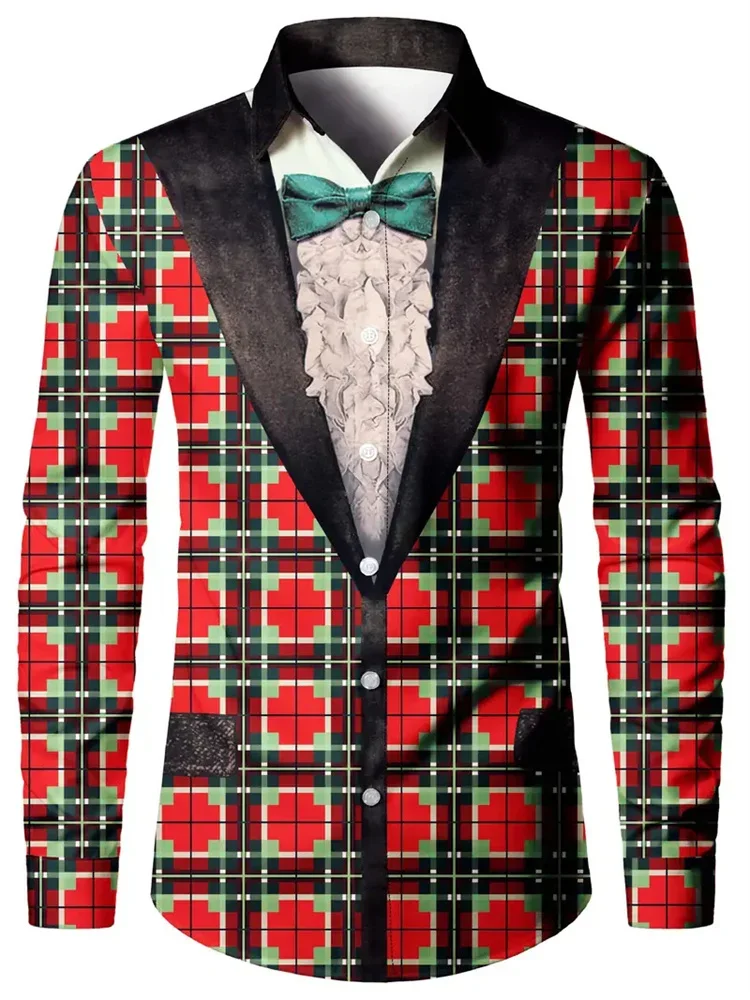 

2026 New Men's Lapel Fake Suit Tie Long Sleeve Button Shirt Christmas Tree HD Pattern Comfortable Fashion Casual Shirt Men's Top