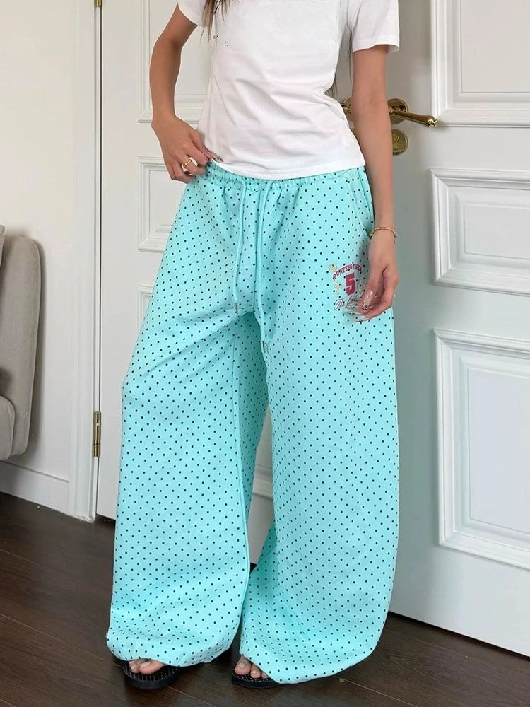 Y2K American 2000s Vintage Teal Turquoise Polka Dot Sweatpants Women Wide Leg Baggy Joggers Drawstring Elastic Lounge Pants