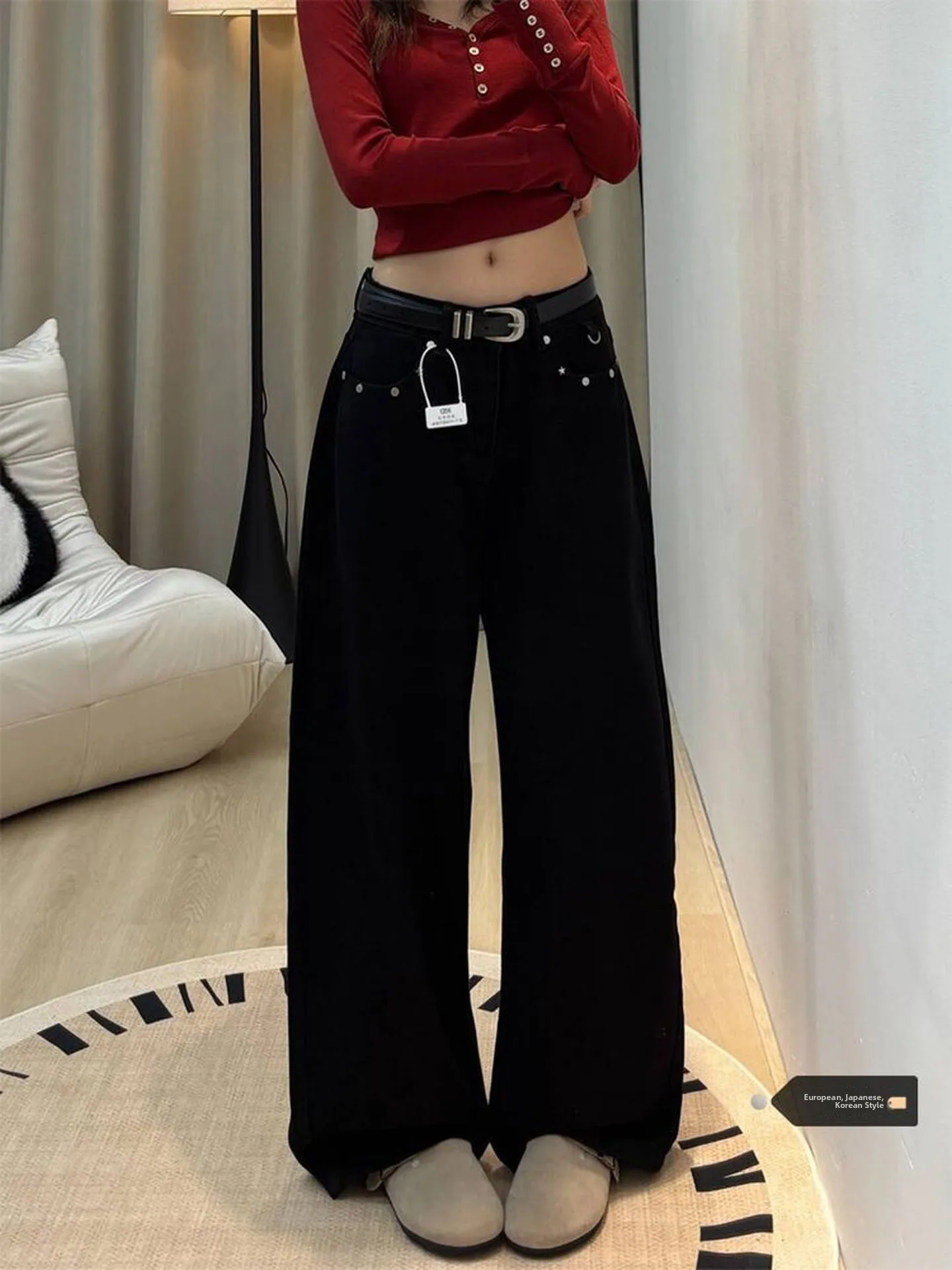 

High Waist Wide Leg Black Denim Jeans Women's Summer Thin High Street Pocket Embedded Diamond Floor Length Pants
