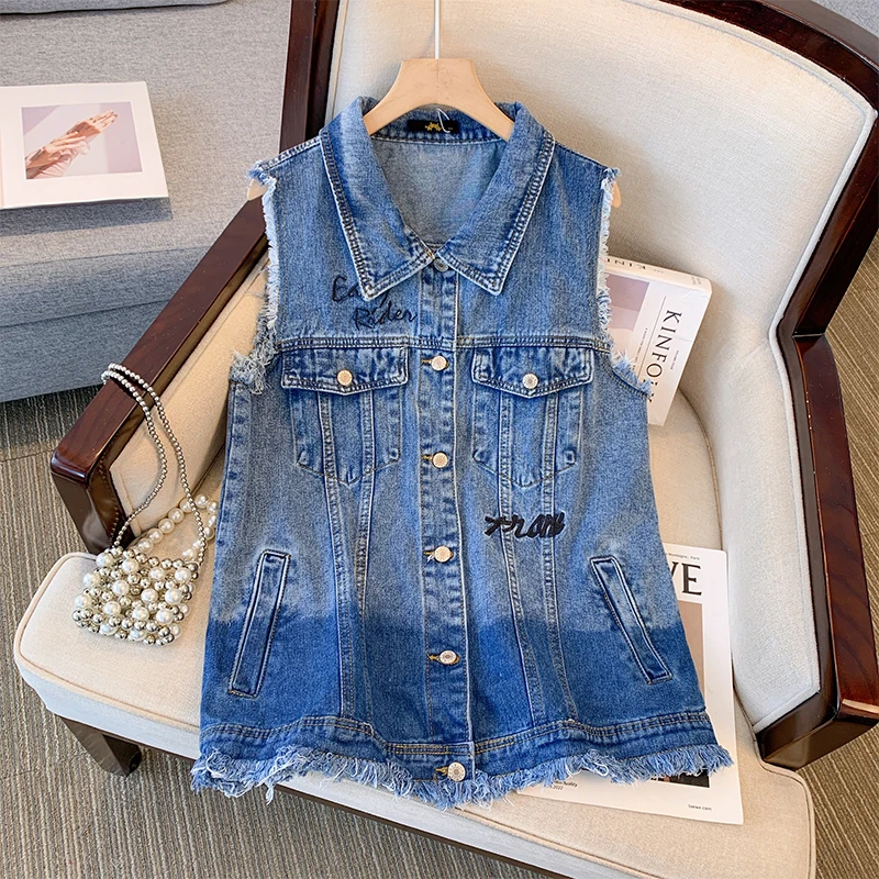 

Plus-size women's summer casual denim vest embroidered decorative lapel top washed denim work jacket sleeveless coat denim vest