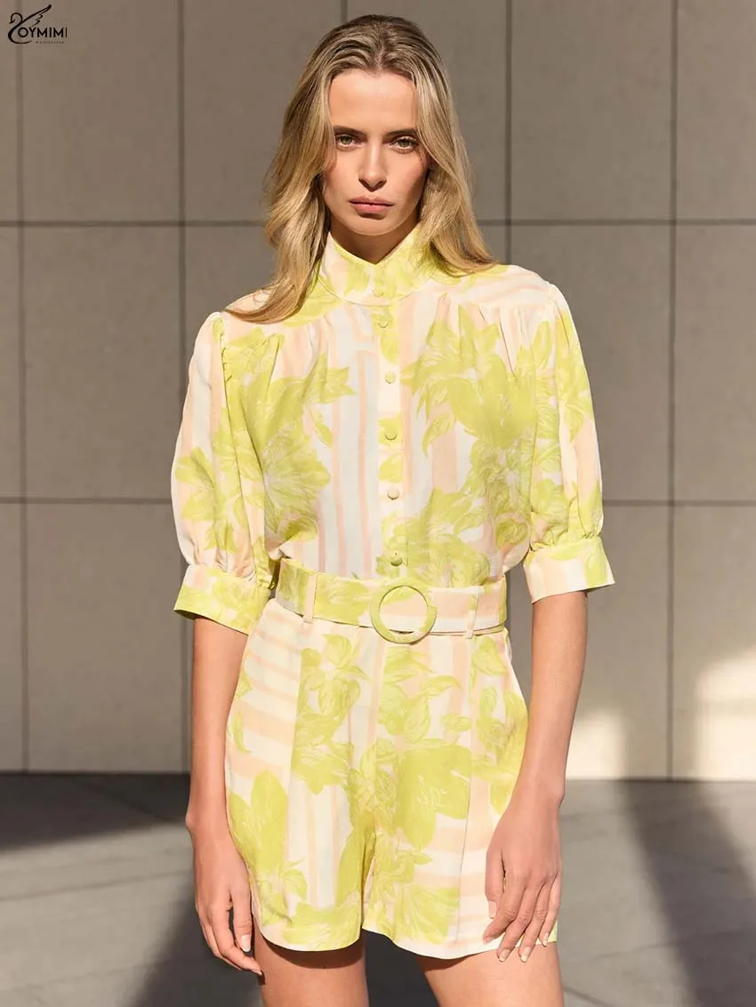 

Oymimi Elegant Yellow Green Print 2 Pieces Set For Woman Casual O-Neck Half Sleeve Button Shirts And High Waisted Shorts Sets