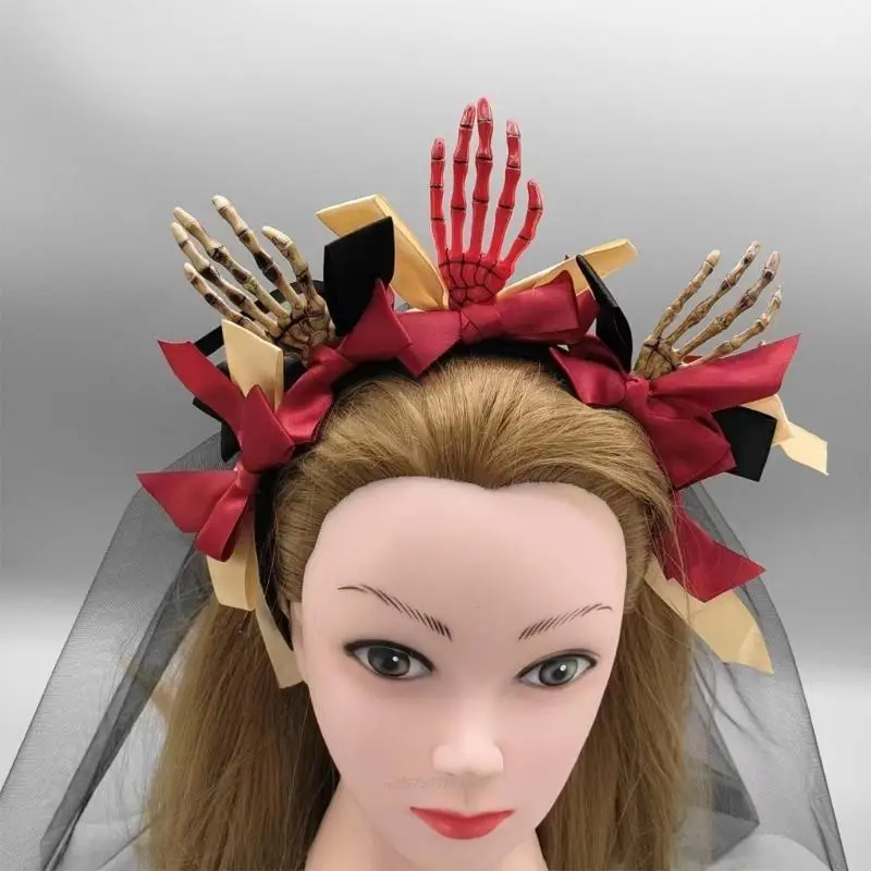 X5XA Gothic Bowknot&Black Veil Headband Woman Girls Makeup Taking Photo Hairband