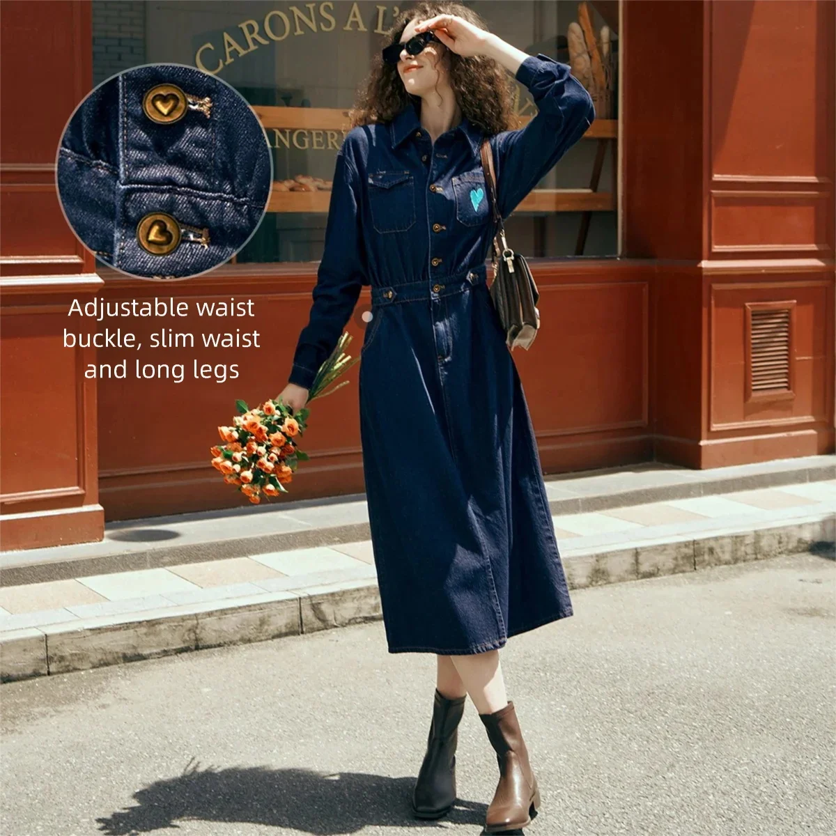 OLrain Francese Blu Denim Abito Lungo da Donna Inizio Autunno 2025 Vintage Ricamato Risvolto Camicia di Jeans Abiti da Donna O23QL85502