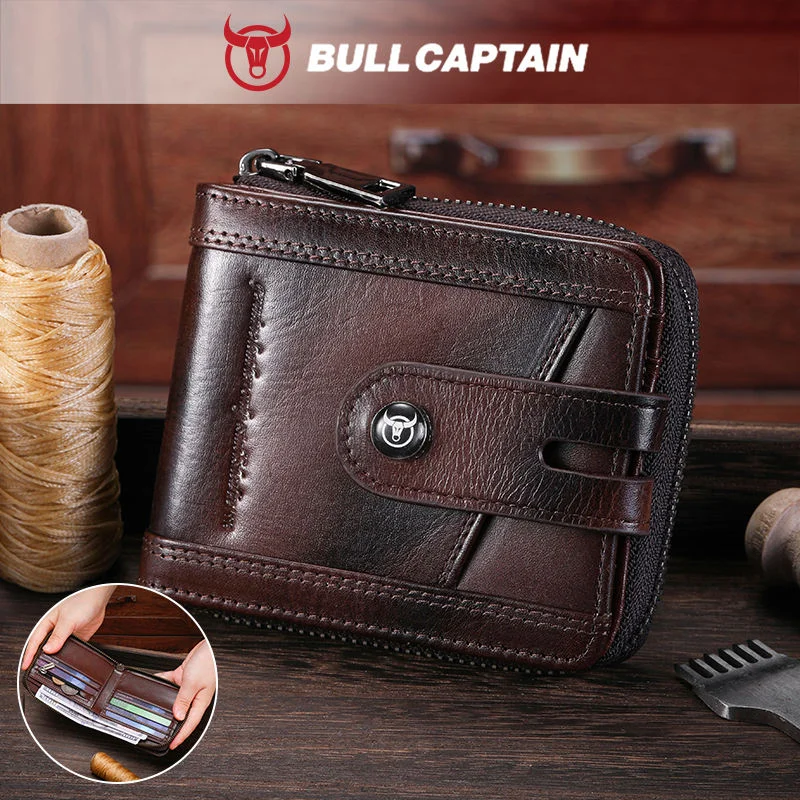 Genuine Leather Men's Multifunctional Short Zipper Wallet with a High-End Vintage Feel, Driver's License and Business Card Holder