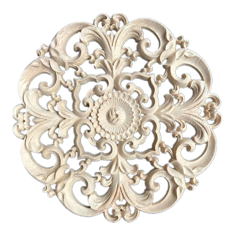 15-35cm Flower Carving Natural Wood Appliques for Furniture Cabinet Unpainted Wooden Mouldings Decal Decorative Figurine