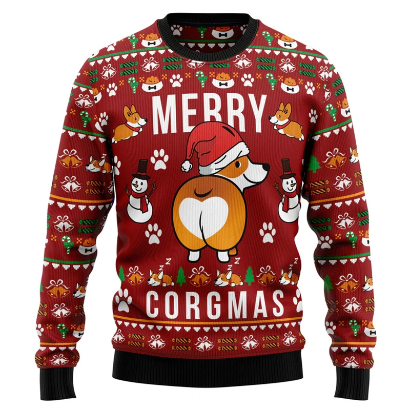 Cartoon dog ugly Christmas sweatshirt men's 3D printed animal sweatshirt Christmas family pullover New Year crew neck sweatshirt